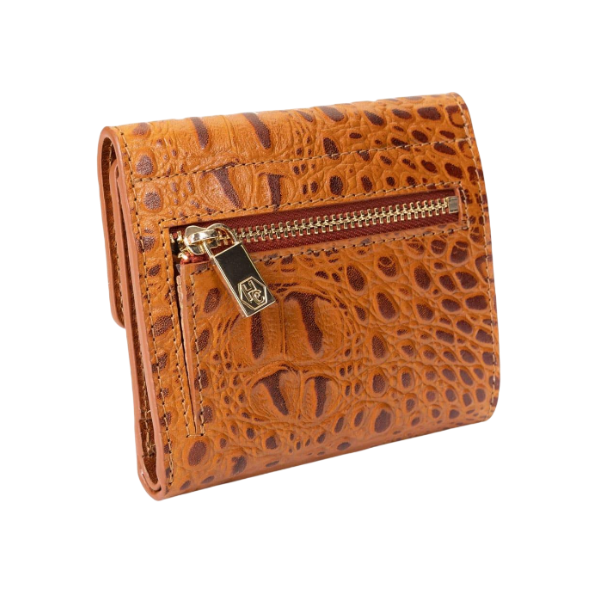 Small brown croco-embossed snap wallet for women, coin pocket detail