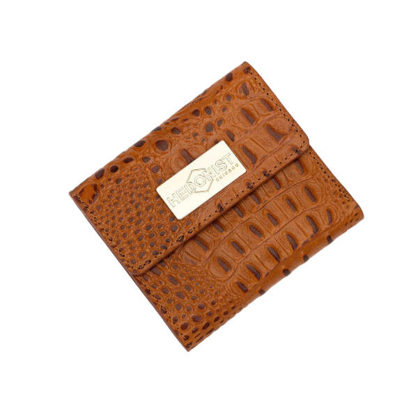 Small brown croco-embossed snap wallet for women, front view