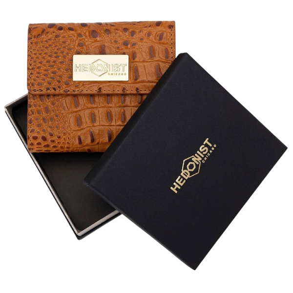 Small brown croco-embossed snap wallet for women, presented in branded box