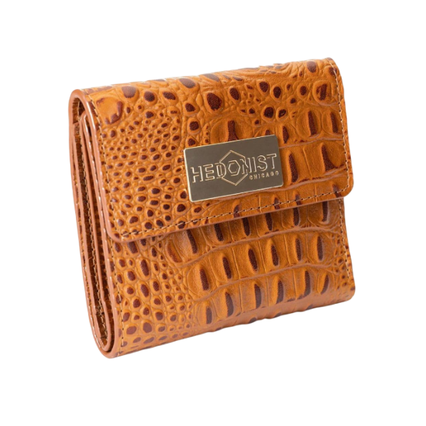 Mini Brown Leather Wallet for Women Croc Embossed By Hedonist Chicago