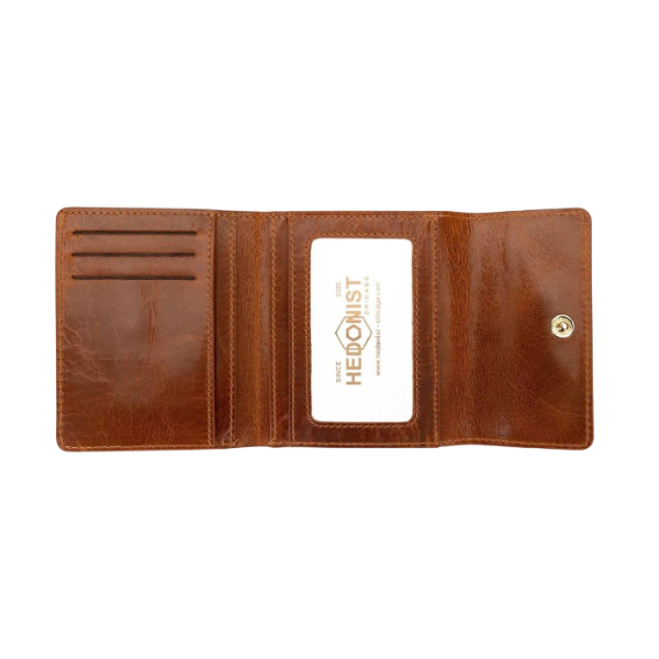 Small brown croco-embossed snap wallet for women, ID window detail