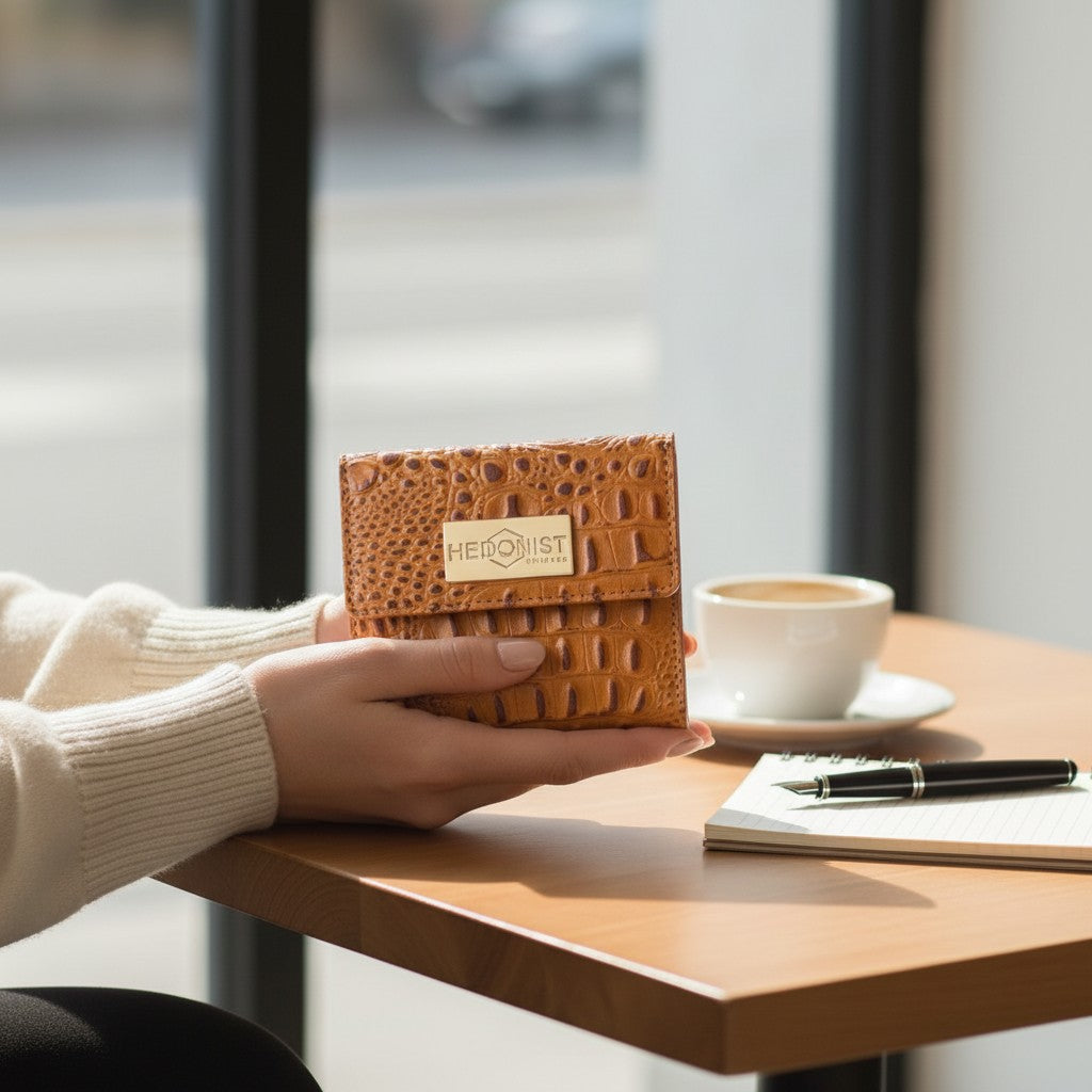 Person holding a brown textured wallet with 'HEDANIST CHICAGO' branding, next to a cup of coffee and notebook on a table.