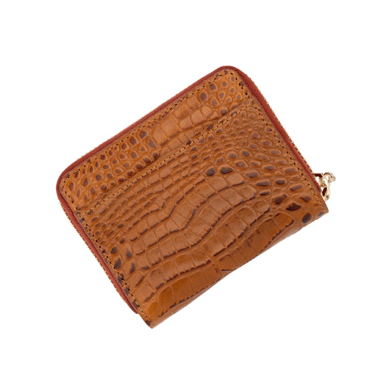 Small brown croco-embossed zip wallet for women, back slip pocket detail