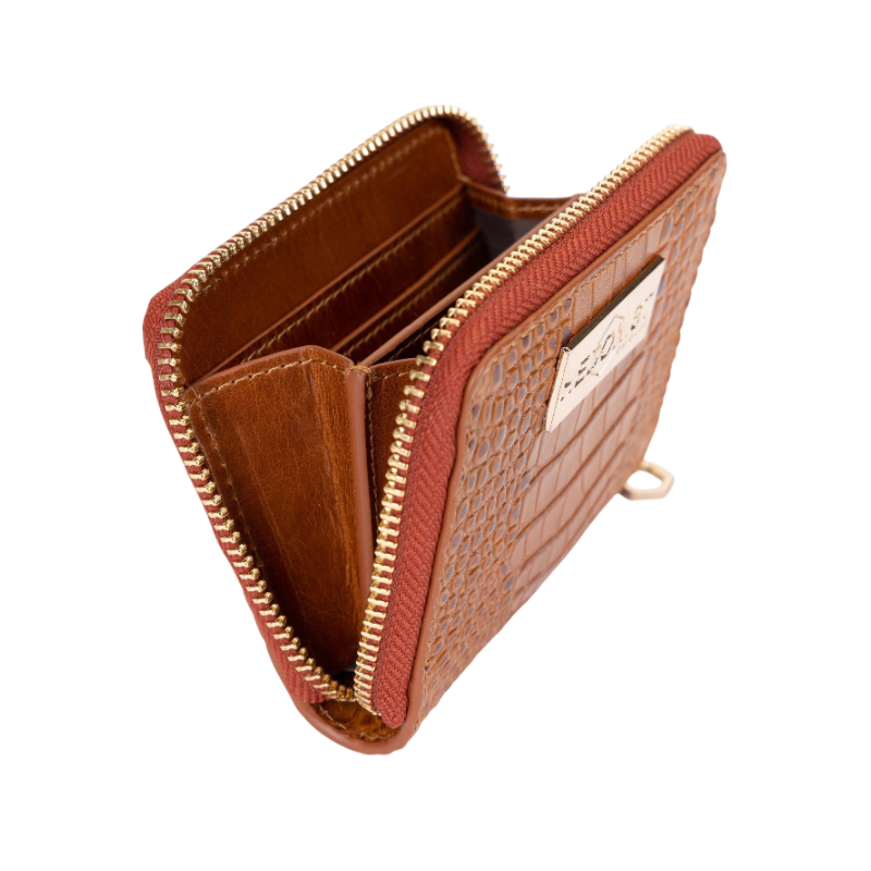 Small brown croco-embossed zip wallet for women, interior card slots detail