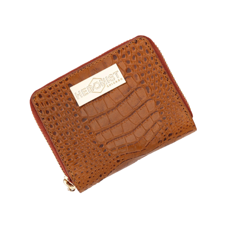 Mini Zip Wallet in Brown Croc-Embossed Leather for Women by Hedonist Chicago