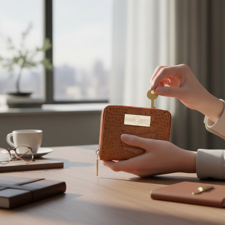 Person holding a brown wallet with a key, sitting at a desk with a cup and glasses in the background.