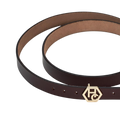 Buckle close-up on women's seamless edge leather belt - brown - Hedonist Chicago (1")