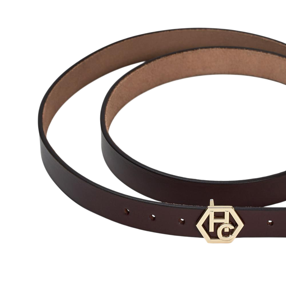 Buckle close-up on women's seamless edge leather belt - brown - Hedonist Chicago (1")