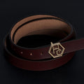 Side view on women's seamless edge leather belt - brown - Hedonist Chicago - close-up view (1")