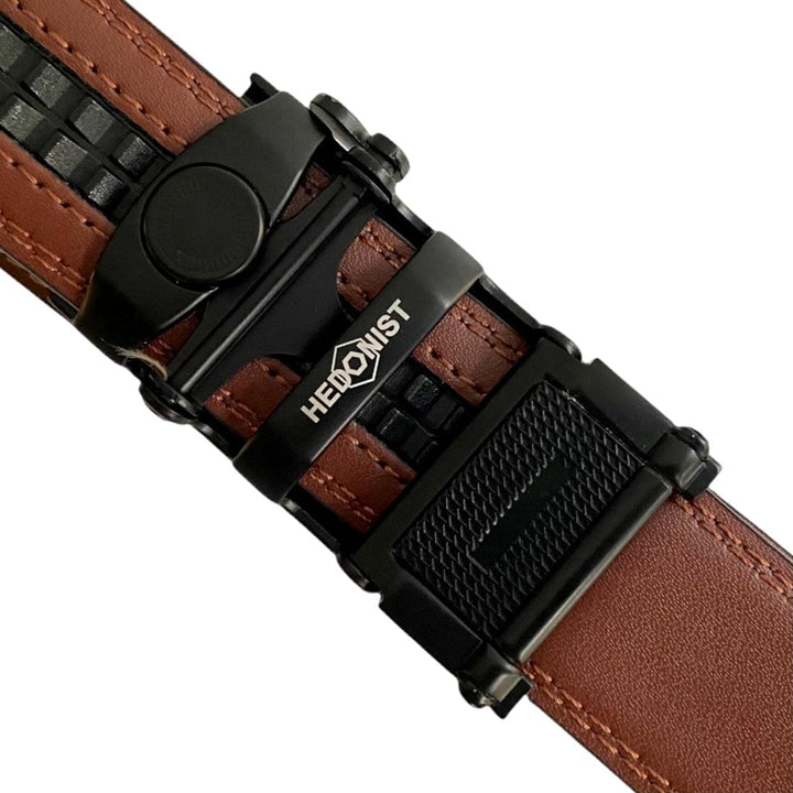 Brown Leather Belt  Automatic Black Buckle Back View | Hedonist Chicago