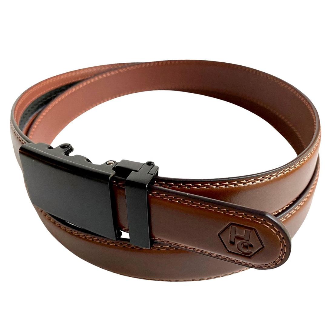 Brown Leather Belt  Automatic Black Buckle Back View | Hedonist Chicago