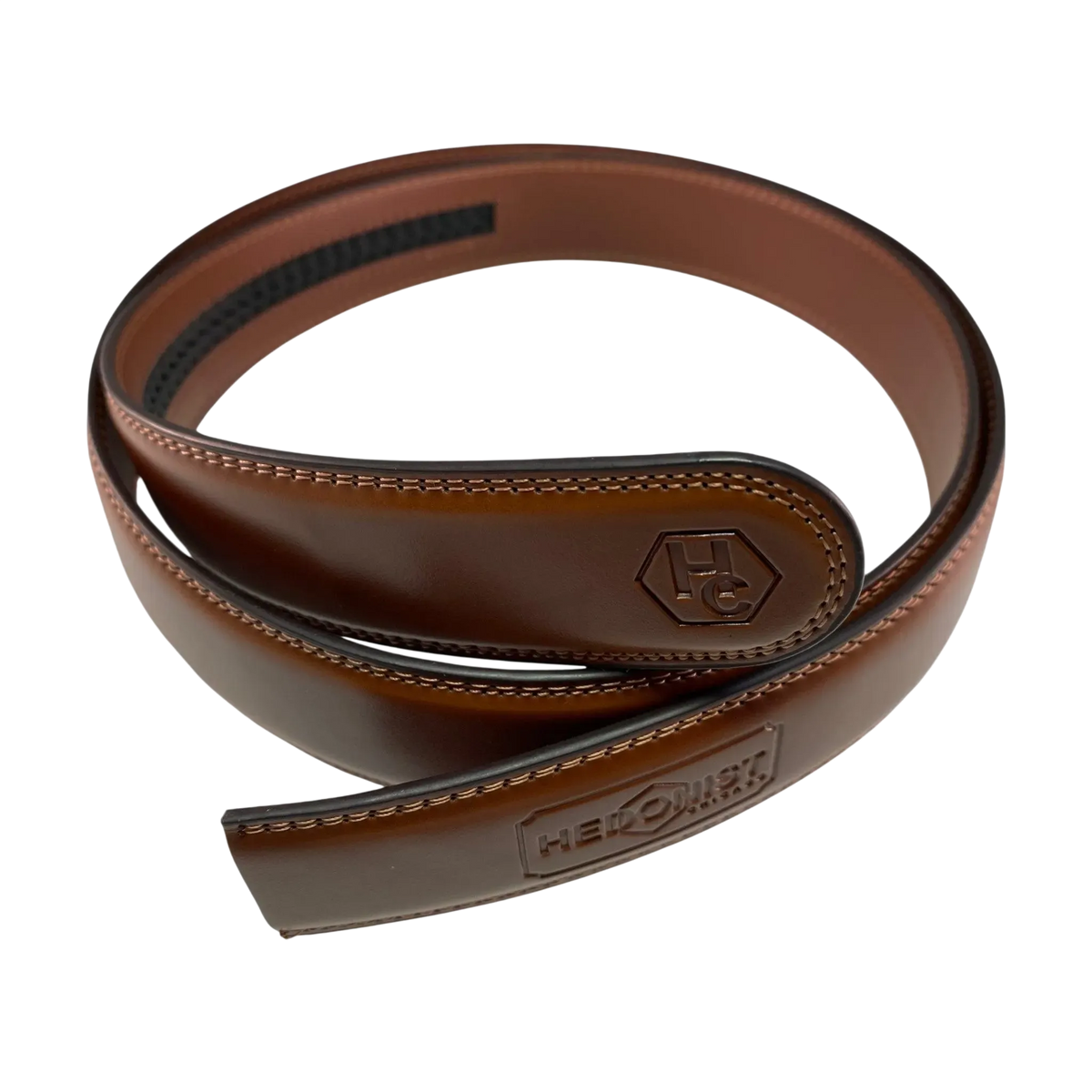 Brown leather belt strap, 1.38 inch, monogram detail close-up