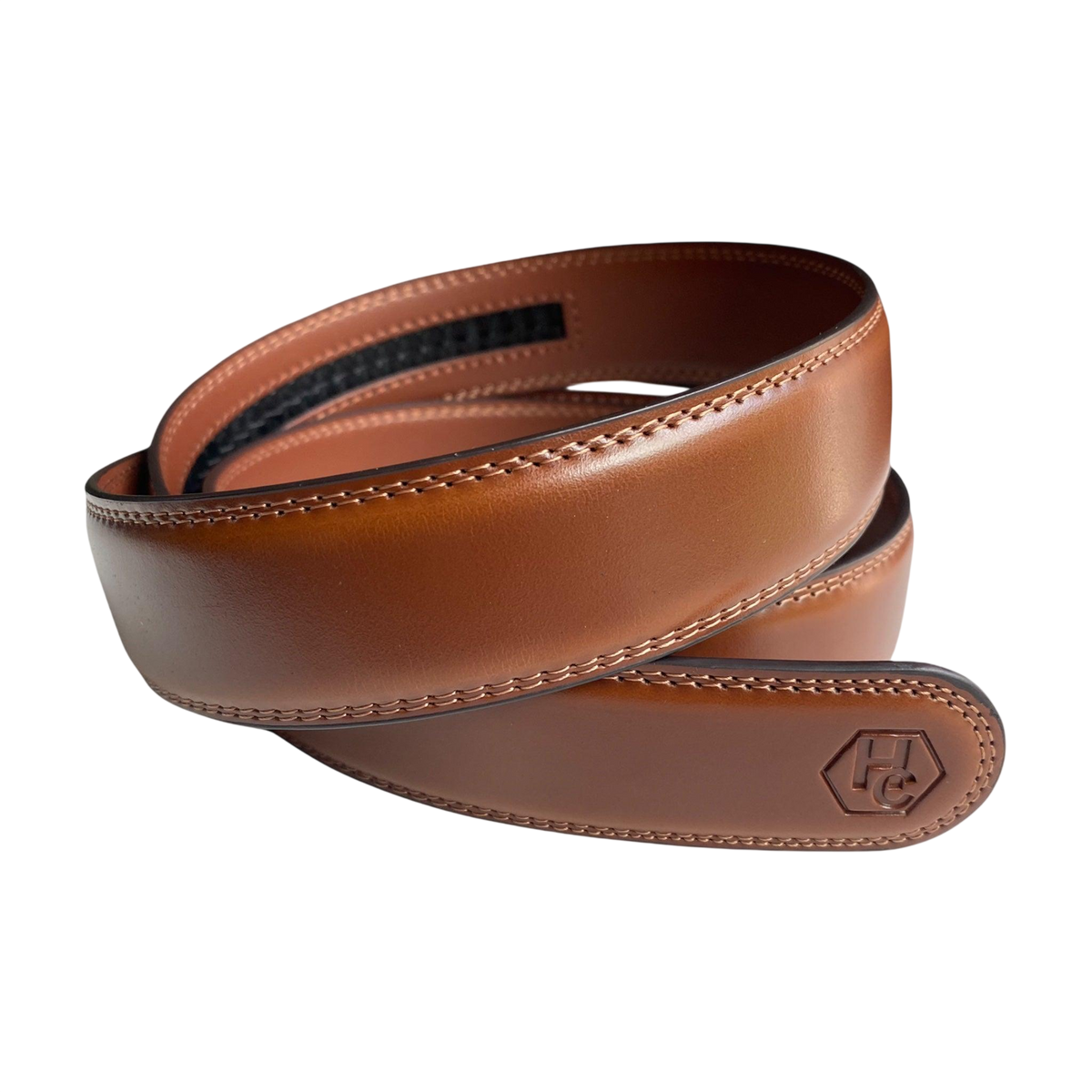 Brown leather belt strap, 1.38 inch, signature detail view