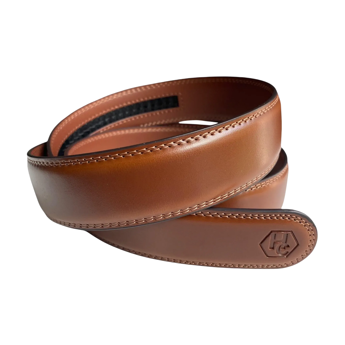 Brown leather belt strap, 1.38 inch, signature detail view