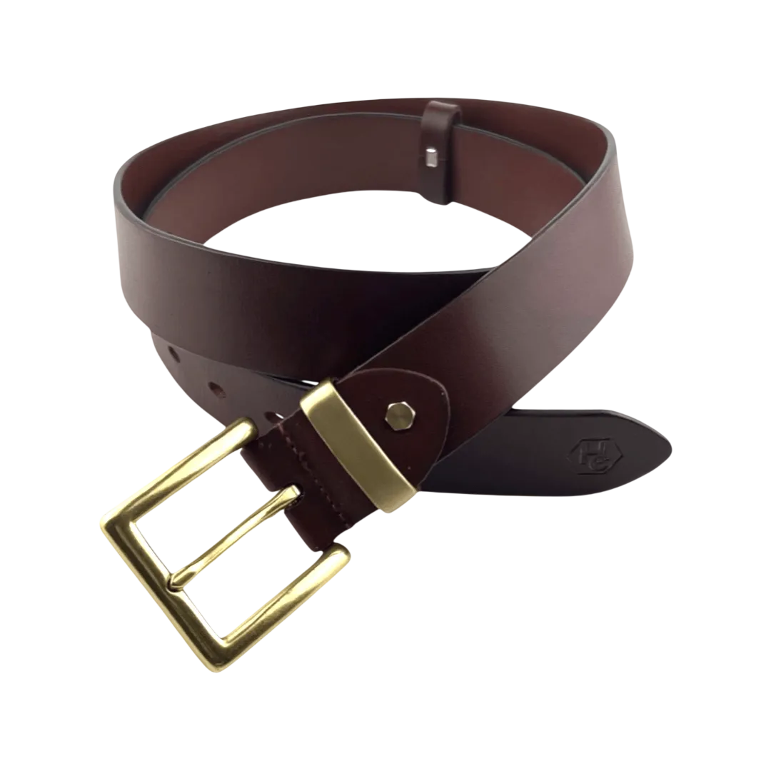 Brown leather belt with buckle, close-up detail
