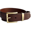 Brown leather belt with buckle, signature detail view