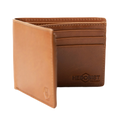 Brown leather bifold wallet, close-up of front pocket with embossed logo