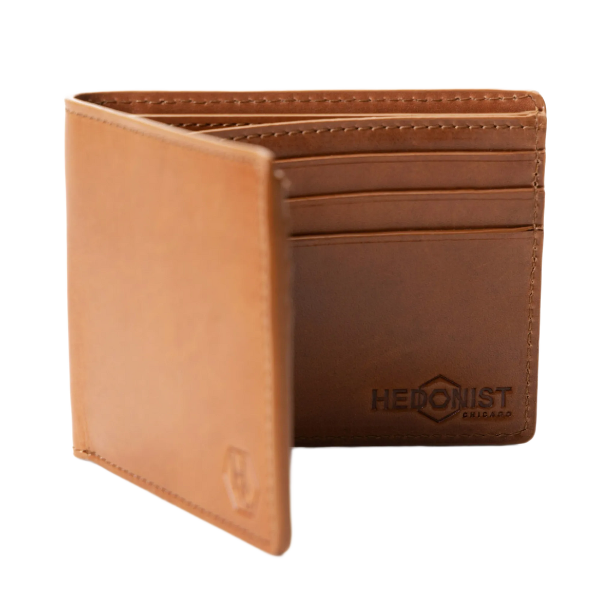Brown leather bifold wallet, close-up of front pocket with embossed logo