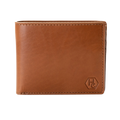 Brown leather bifold wallet, front view with embossed HC logo