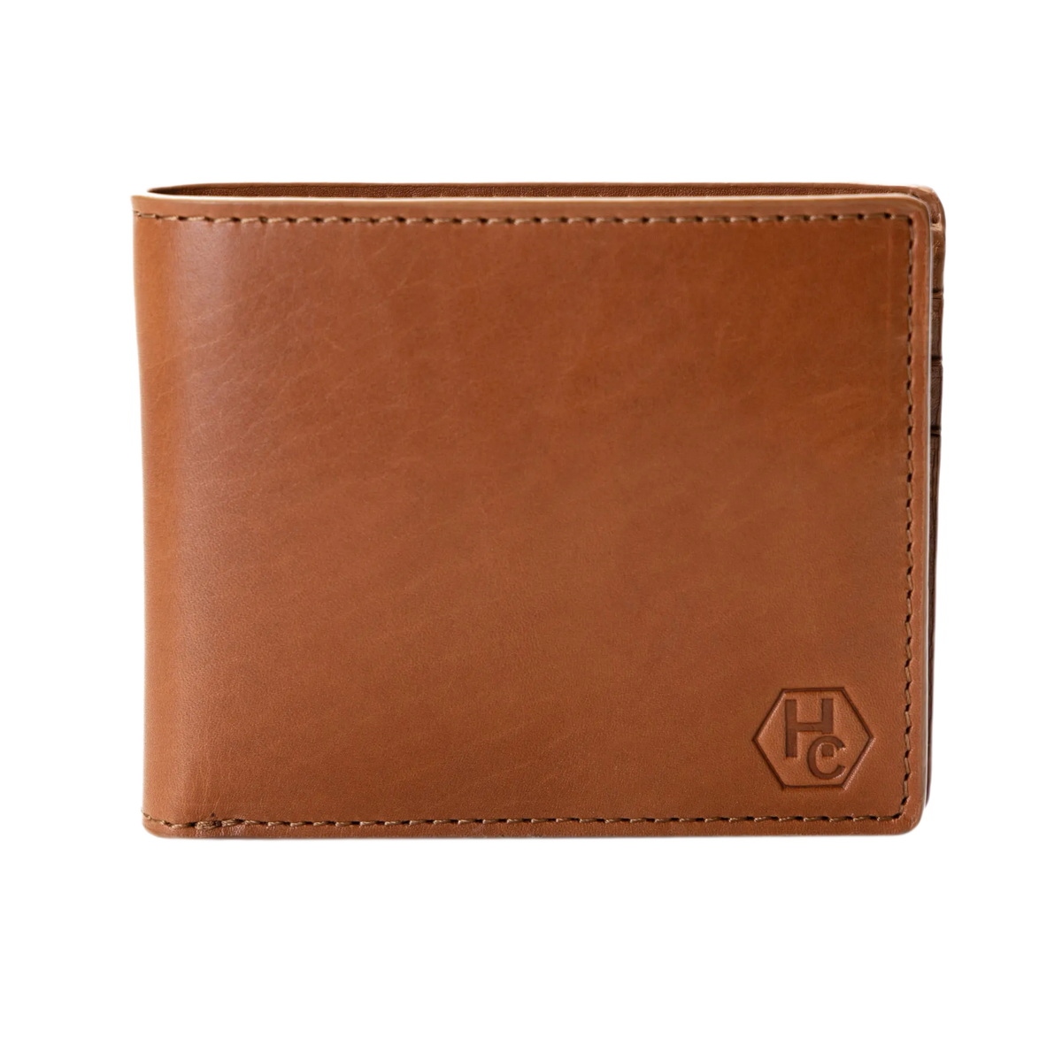 Brown leather bifold wallet, front view with embossed HC logo
