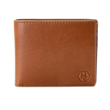 Brown leather bifold wallet, front view with embossed HC logo