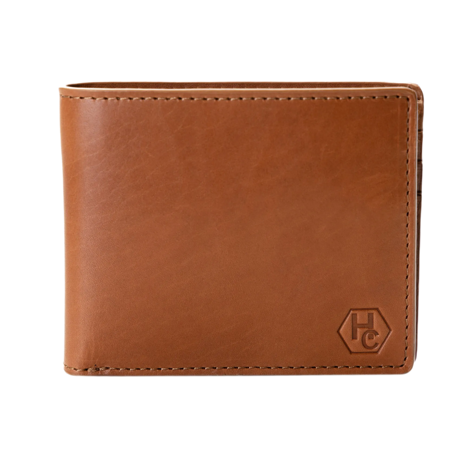 Brown leather bifold wallet, front view with embossed HC logo