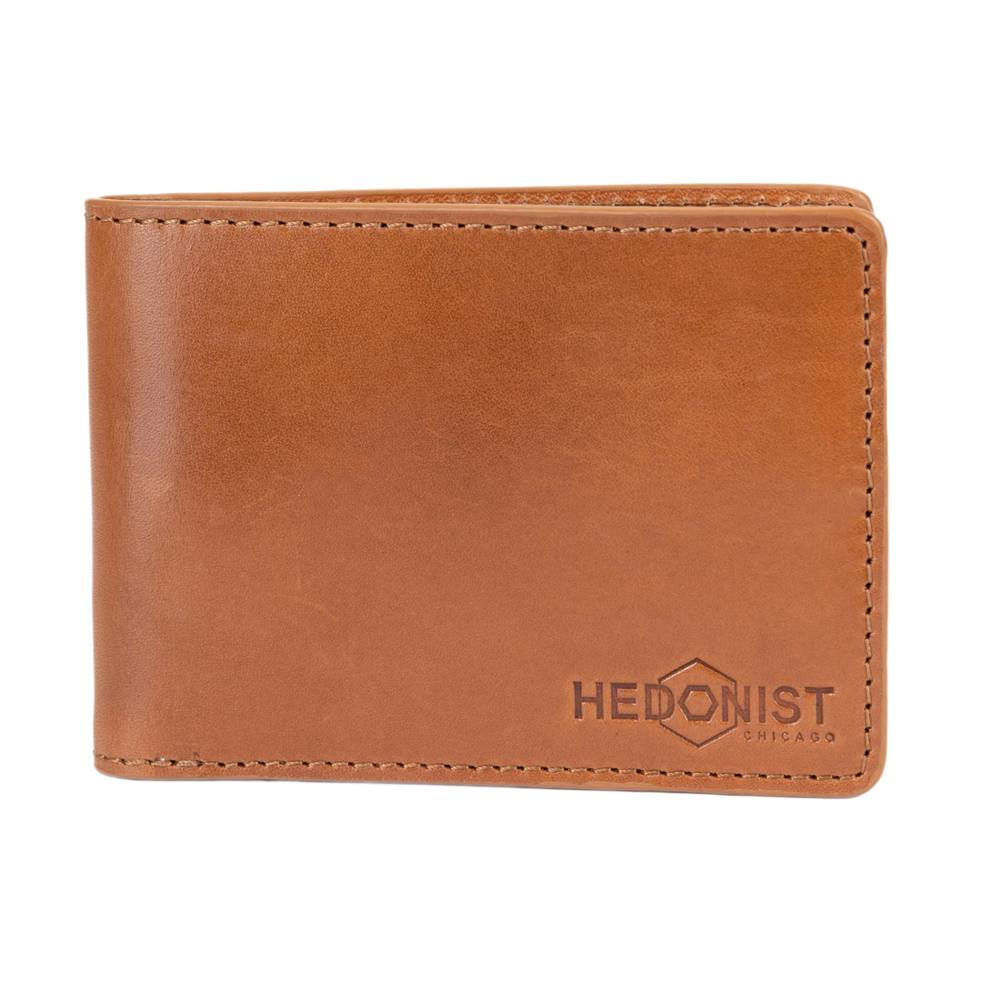 Brown leather bifold wallet with visible stitching and embossed logo, front view