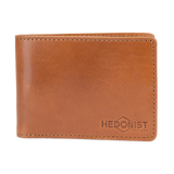 Brown leather bifold wallet with visible stitching and embossed logo, front view