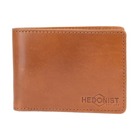 Brown leather bifold wallet with visible stitching and embossed logo, front view