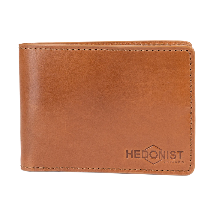 Brown leather bifold wallet with visible stitching and embossed logo, front view