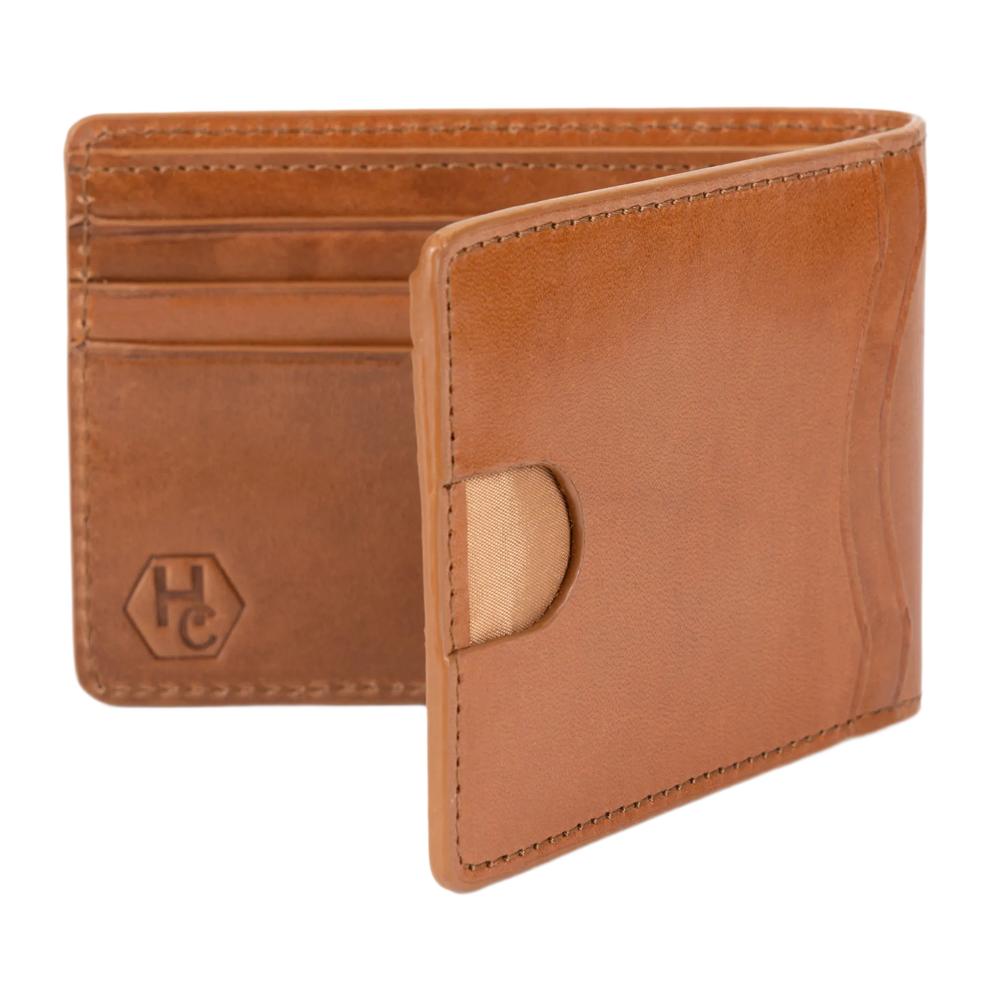 Brown leather bifold wallet open, card slots and card holder pocket with HC logo