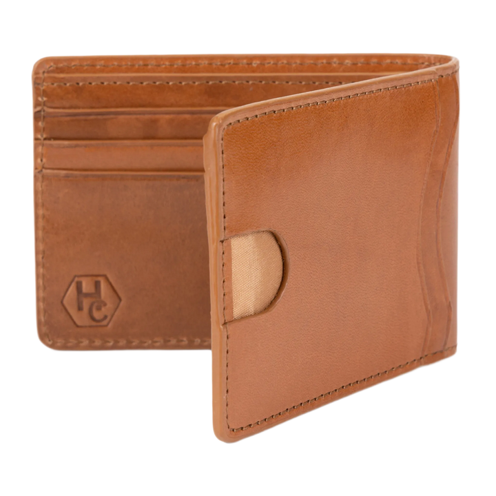 Brown leather bifold wallet open, card slots and card holder pocket with HC logo