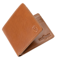 Brown leather bifold wallet, close-up of hexagonal HC logo emboss