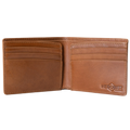 A brown leather bifold wallet shown open against a plain white background, featuring card slots on the exterior and interior, with the brand name Hedonist Chicago embossed on the lower right of the inside flap.