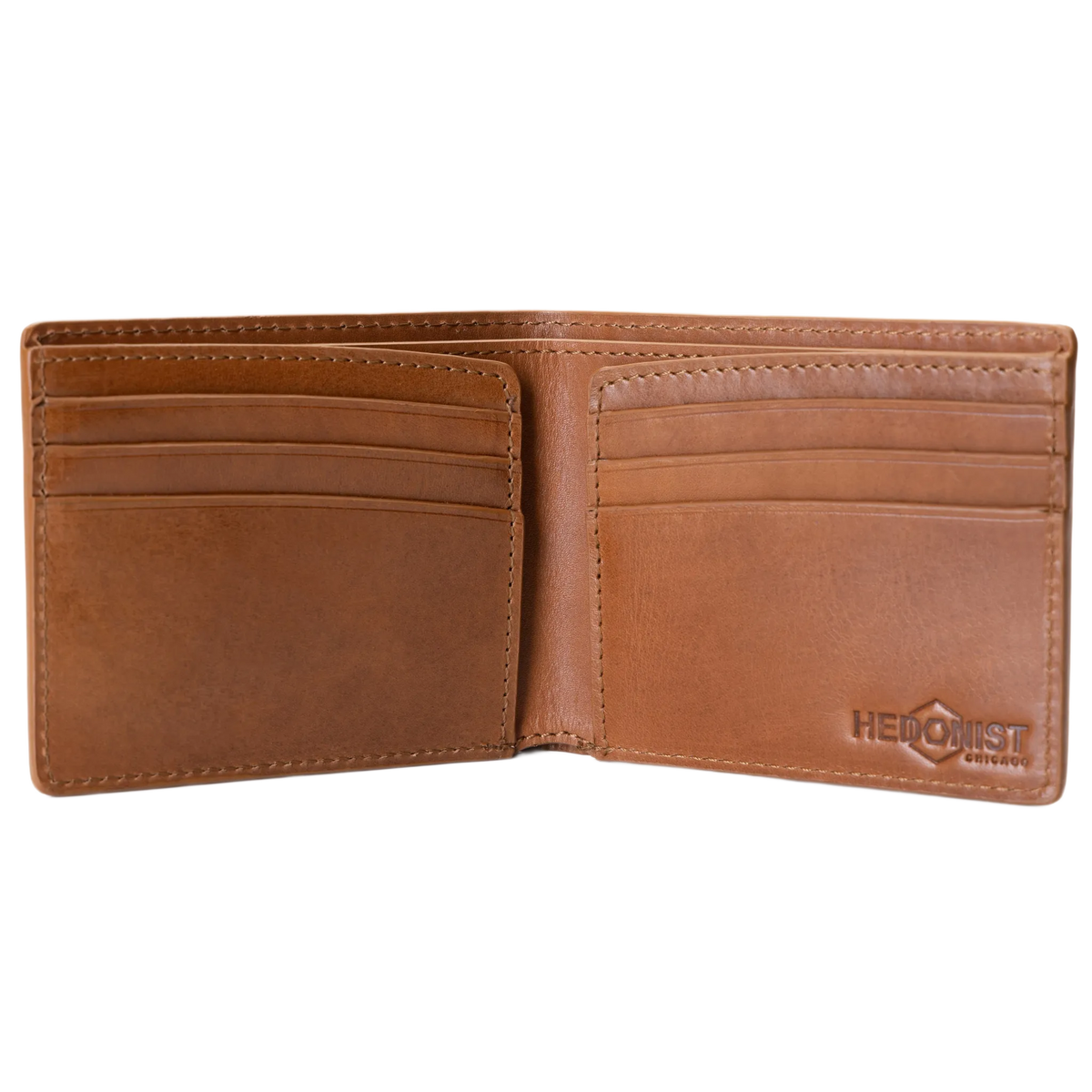 A brown leather bifold wallet shown open against a plain white background, featuring card slots on the exterior and interior, with the brand name Hedonist Chicago embossed on the lower right of the inside flap.