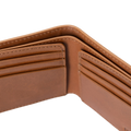 Close-up of an open brown leather wallet showing the interior card slots and stitching details against a white background.