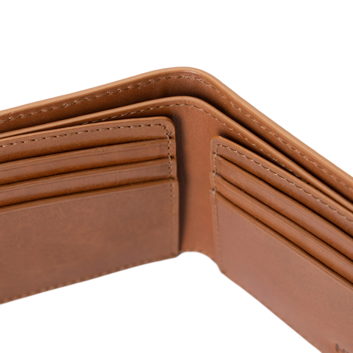 Close-up of an open brown leather wallet showing the interior card slots and stitching details against a white background.