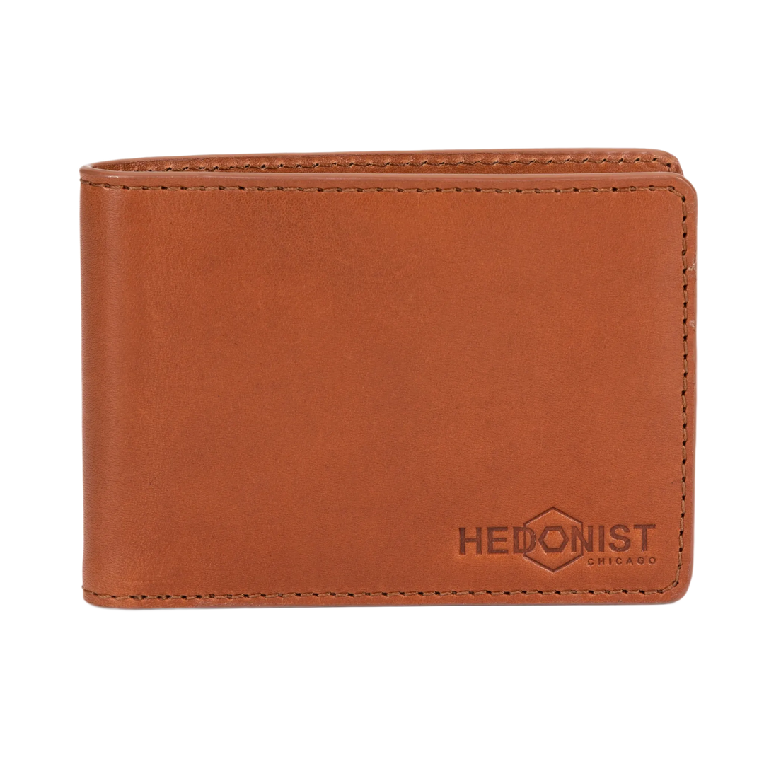 A brown leather bi-fold wallet with visible stitching and an embossed 'HEDONIST CHICAGO' logo in the bottom right corner, shown on a plain white background.