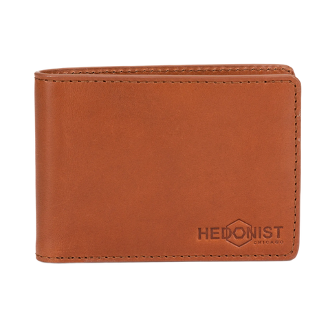 A brown leather bi-fold wallet with visible stitching and an embossed 'HEDONIST CHICAGO' logo in the bottom right corner, shown on a plain white background.