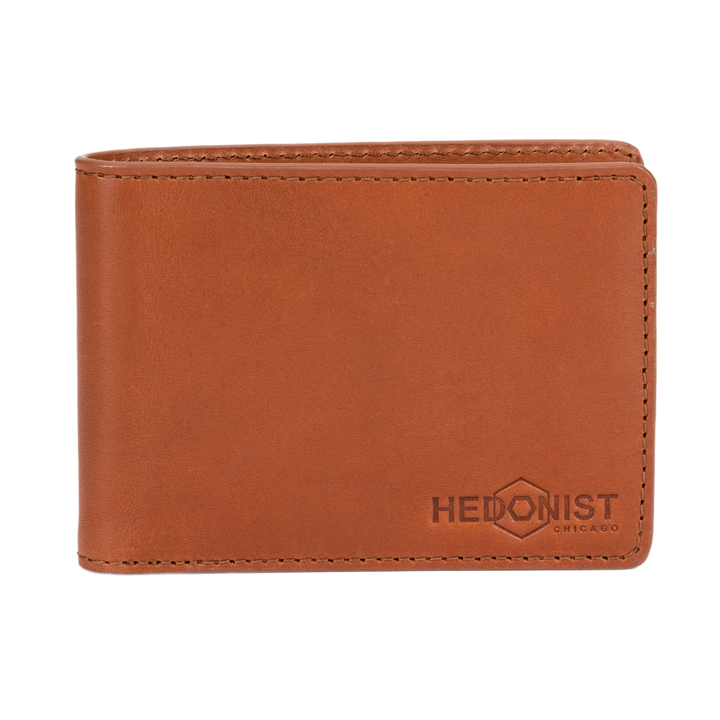 A brown leather bi-fold wallet with visible stitching and an embossed 'HEDONIST CHICAGO' logo in the bottom right corner, shown on a plain white background.