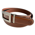 Brown leather dress ratchet belt with gunmetal frame buckle, buckle detail close-up