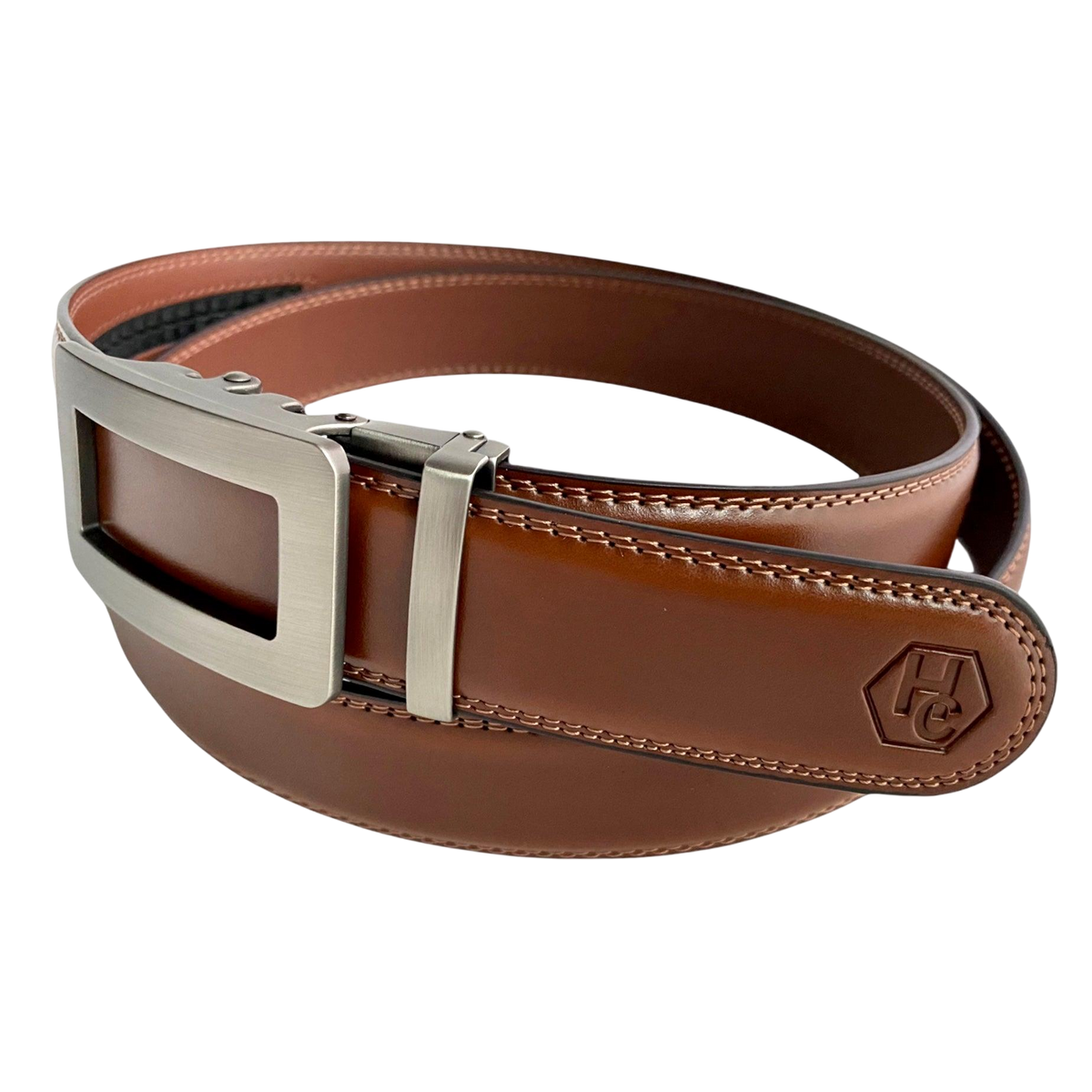 Brown leather dress ratchet belt with gunmetal frame buckle, buckle detail close-up