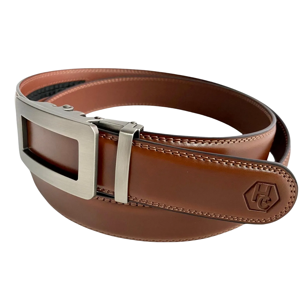 Brown leather dress ratchet belt with gunmetal frame buckle, buckle detail close-up