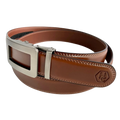 Brown leather dress ratchet belt with gunmetal frame buckle, buckle detail close-up