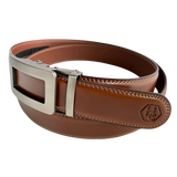 Brown leather dress ratchet belt with gunmetal frame buckle, buckle detail close-up