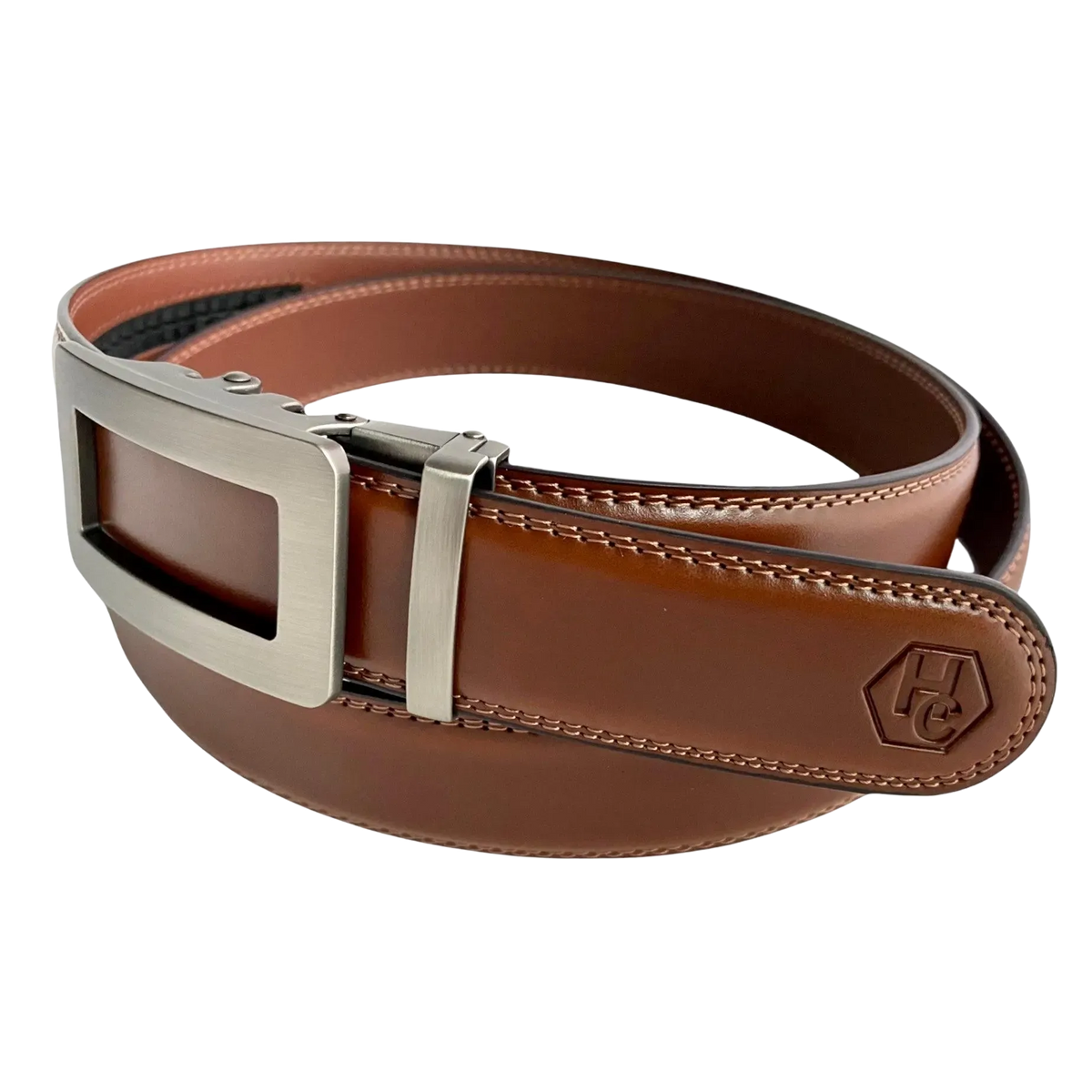 Brown leather dress ratchet belt with gunmetal frame buckle, buckle detail close-up