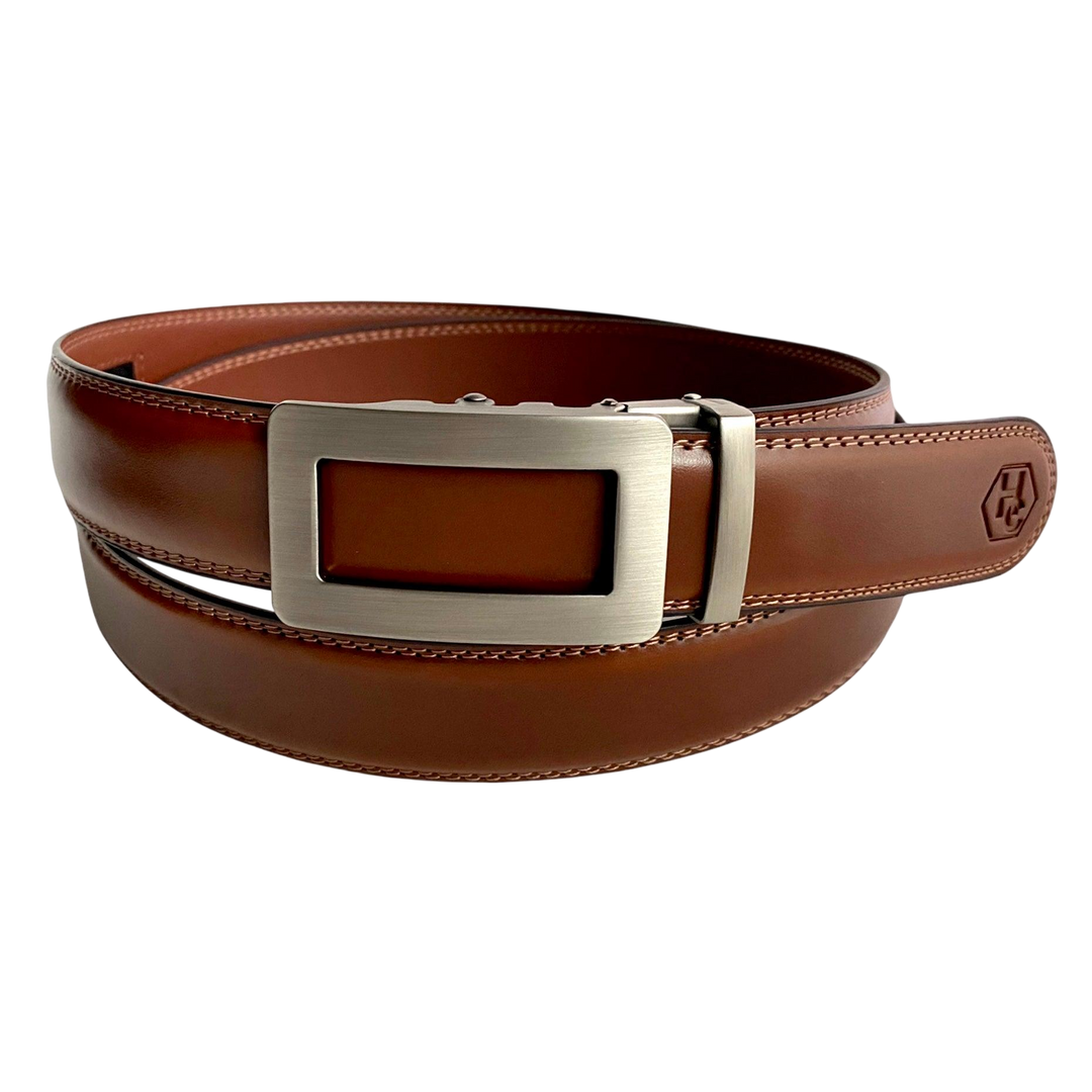 Brown leather dress ratchet belt with gunmetal frame buckle, front view