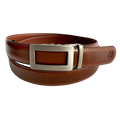 Brown leather dress ratchet belt with gunmetal frame buckle, front view