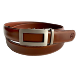 Brown leather dress ratchet belt with gunmetal frame buckle, front view