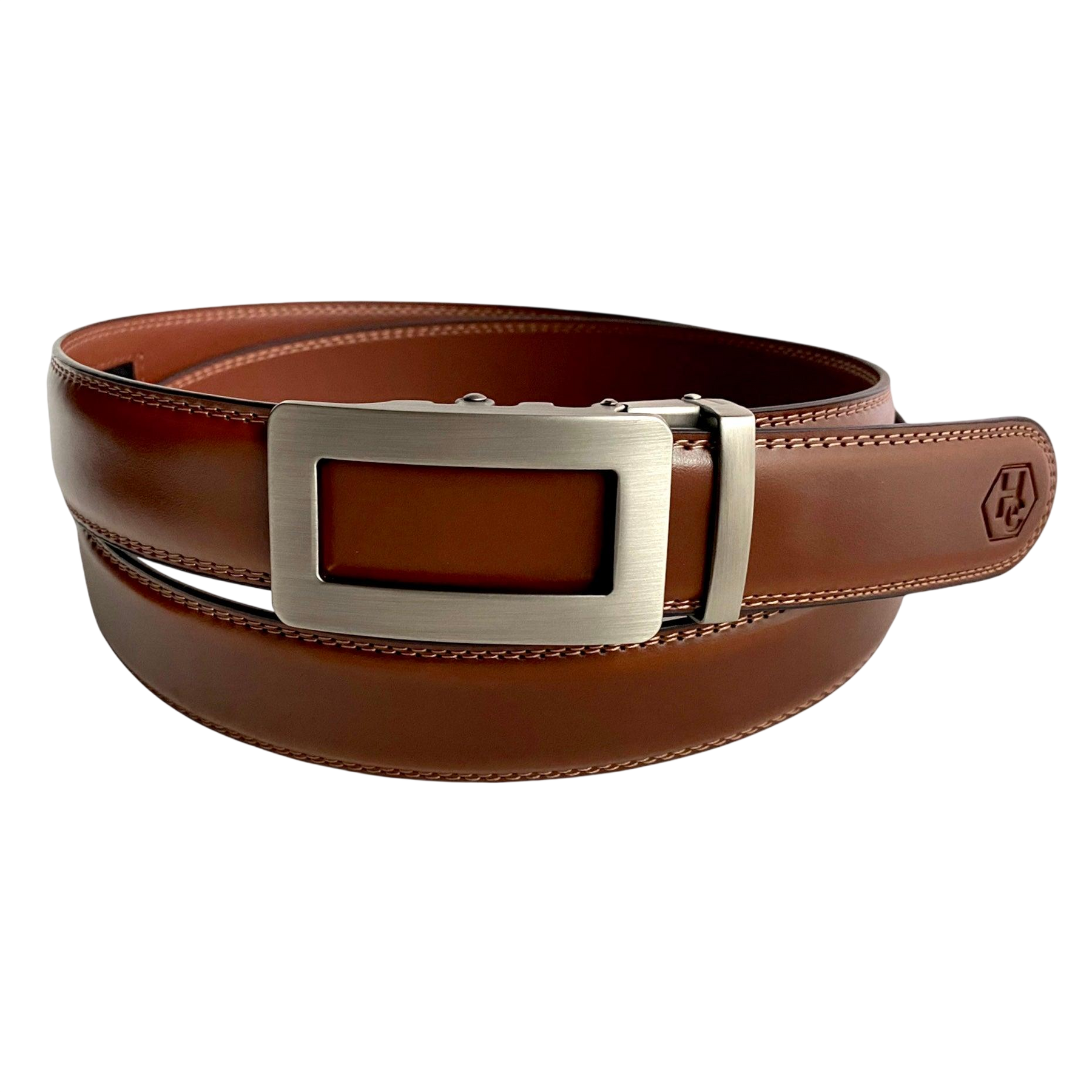 Brown leather dress ratchet belt with gunmetal frame buckle, front view